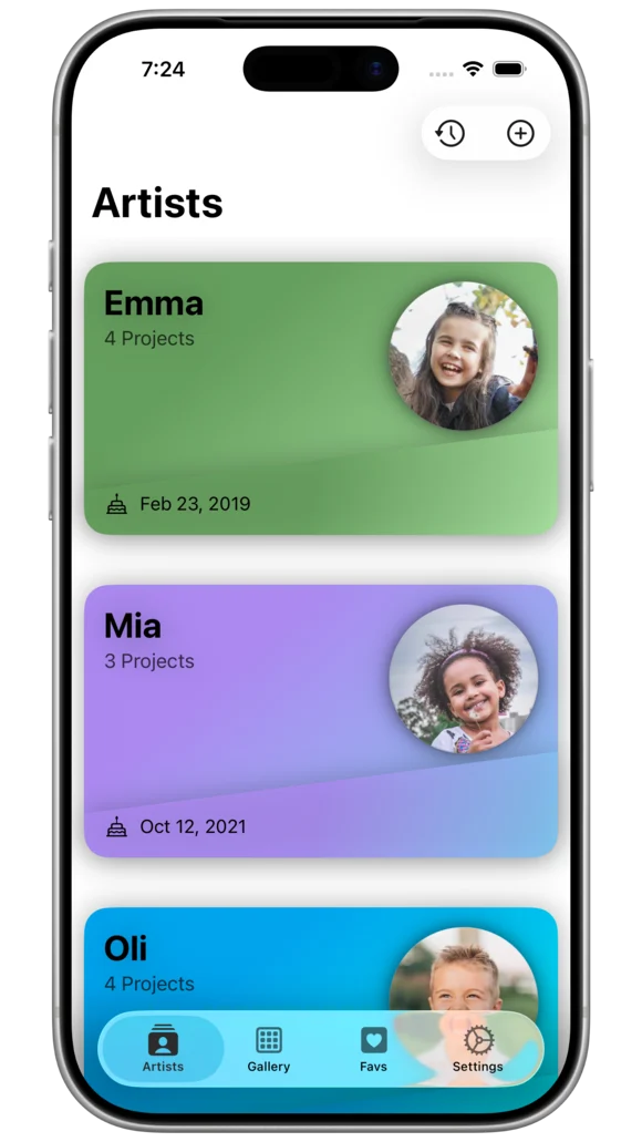 Artbox artist profiles for Emma, Mia, and Oli